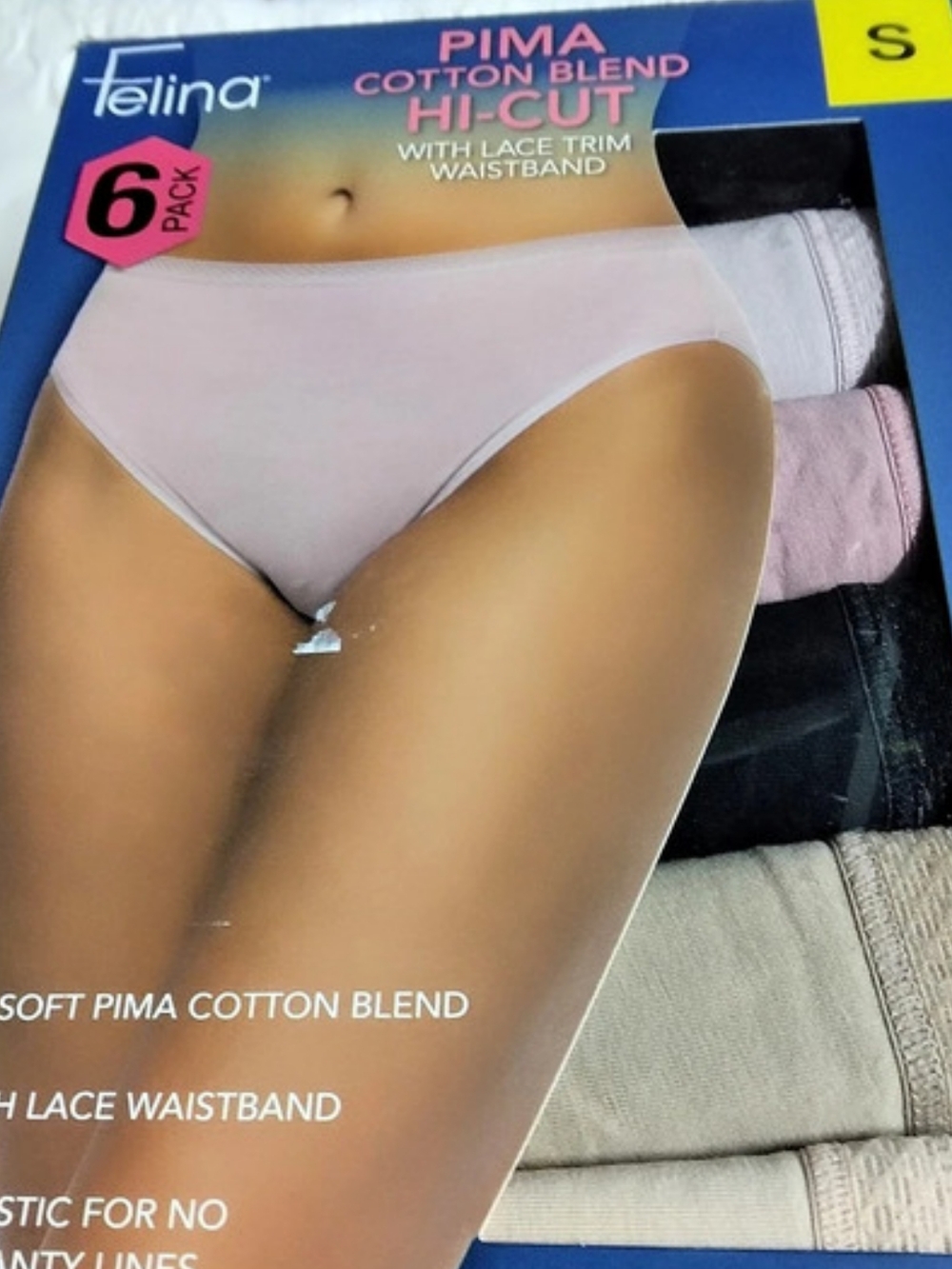 Felina Pima Cotton Blend Hi-Cut 6-Pack with Lace Trim Waistband 6-Pack Panties